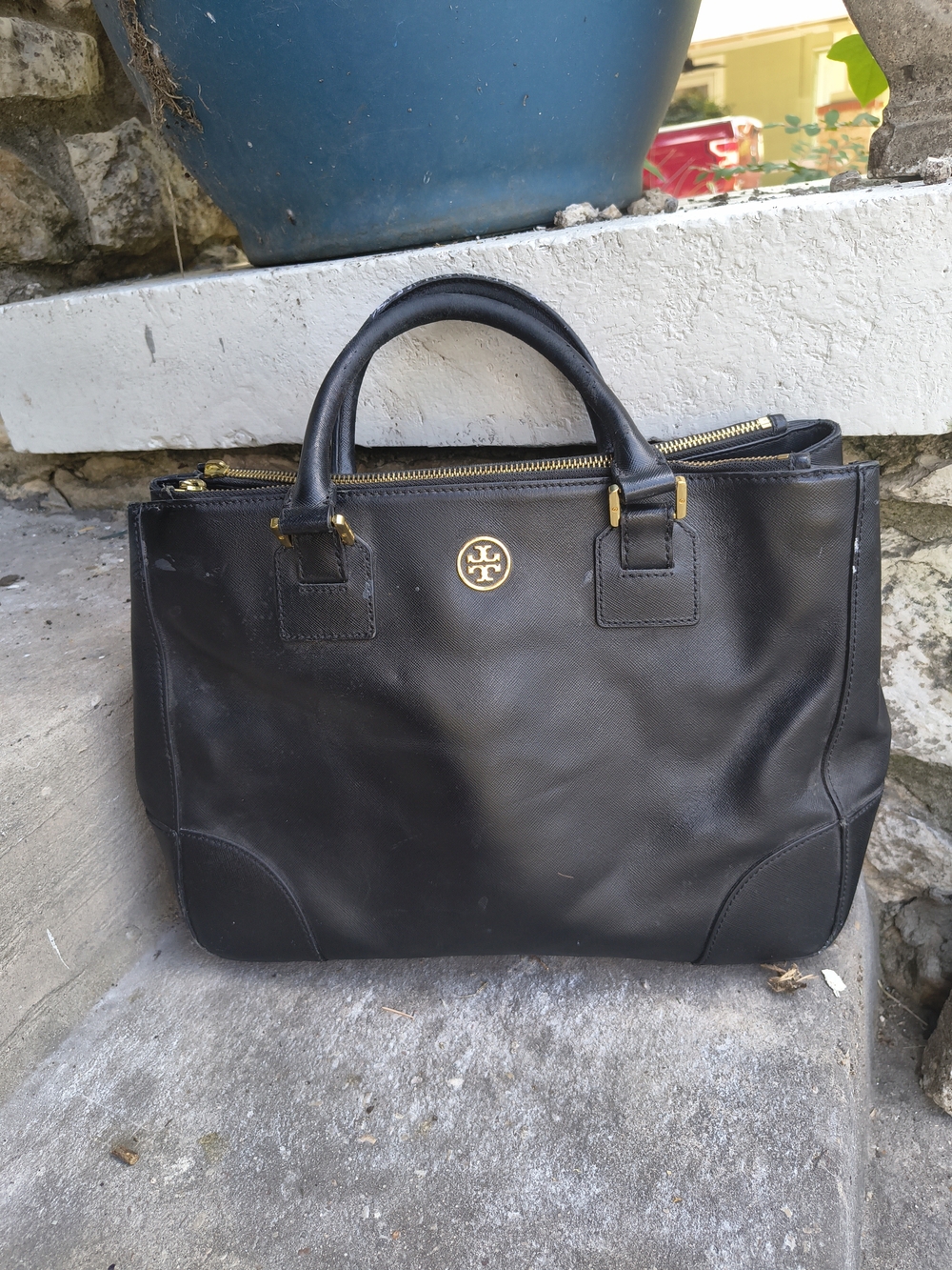 Tory Burch Black Leather Double-Handle Tote with Gold Logo